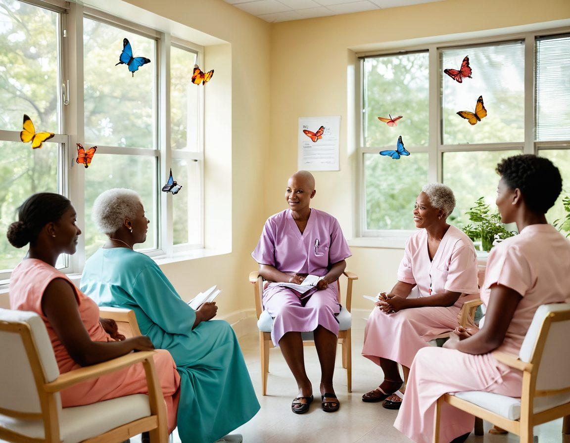 A serene and uplifting scene showcasing a diverse group of cancer patients in a supportive group setting, engaged in a discussion with healthcare professionals. Include elements like informative pamphlets, calming colors, and symbols of hope such as butterflies and light. The background features a soft, inviting healthcare environment, radiating warmth and encouragement. super-realistic. vibrant colors. calming atmosphere.