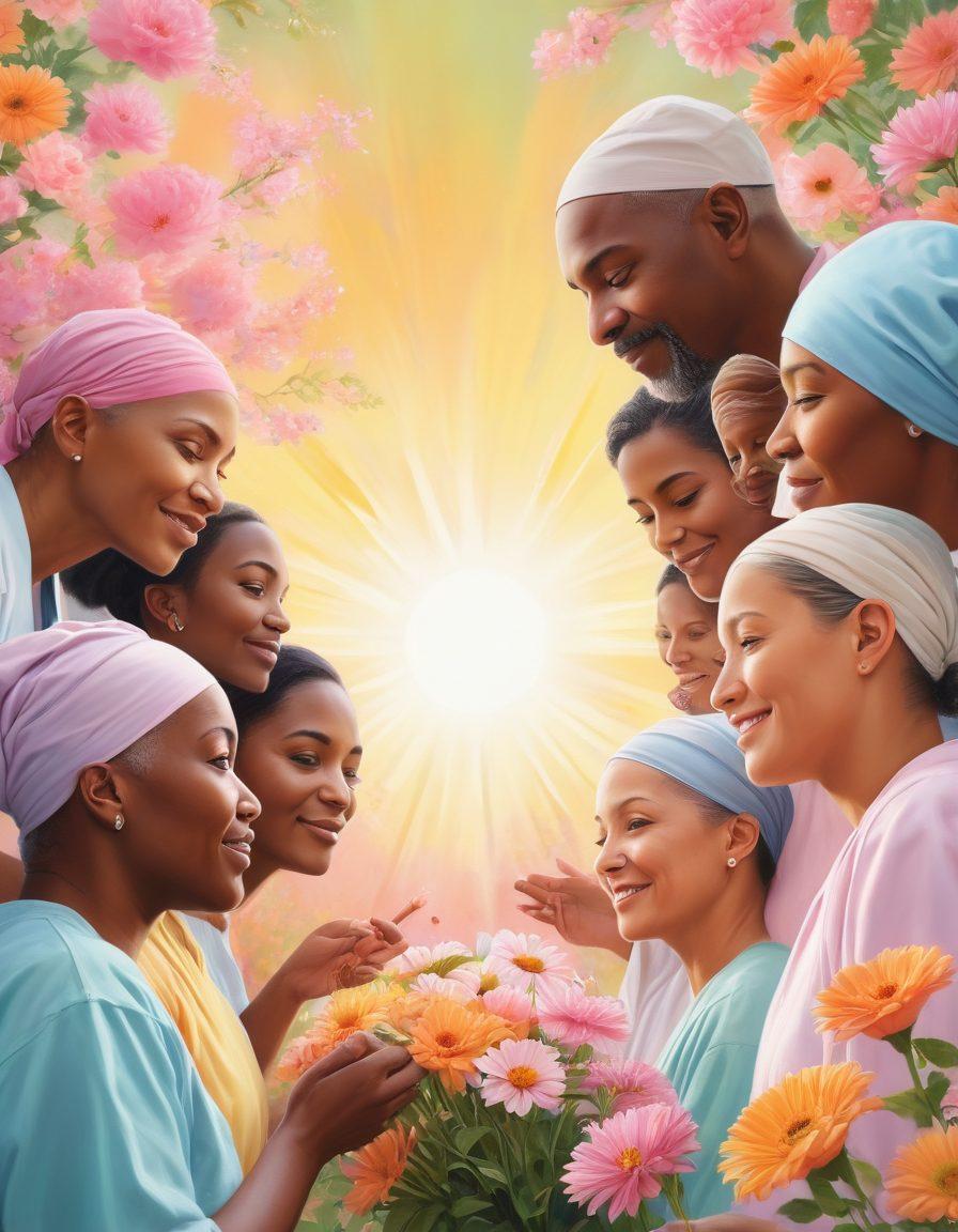 A vibrant and uplifting scene depicting a diverse group of individuals, each at different stages of their cancer journey, coming together in a supportive environment. Incorporate elements symbolizing hope and healing, like blooming flowers and warm sunlight. Showcase a healthcare professional providing guidance, emphasizing collaboration and community. Super-realistic. Soft pastel color palette. Inspiring atmosphere.