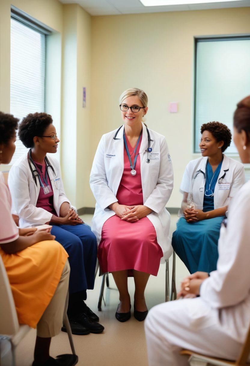 A compassionate oncologist speaking with a group of diverse patients in a warm clinic setting, showcasing open communication and support. Soft, soothing colors dominate the image, with heart symbols subtly integrated in the background, symbolizing care. Include elements like patient advocacy brochures and posters highlighting community events. The atmosphere should feel welcoming and inspiring. vibrant colors. super-realistic.